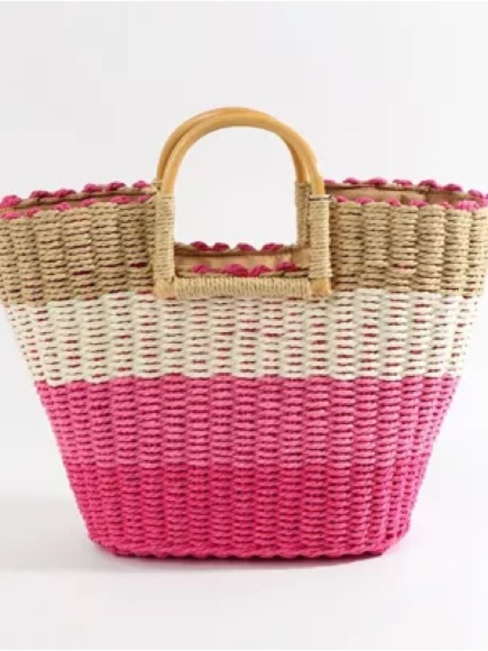 Woven Pink and Natural Straw Tote Bag